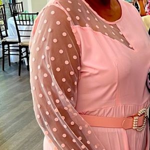 Pink wide legged Jumpsuit with sheer sleeves. Material:Chiffon